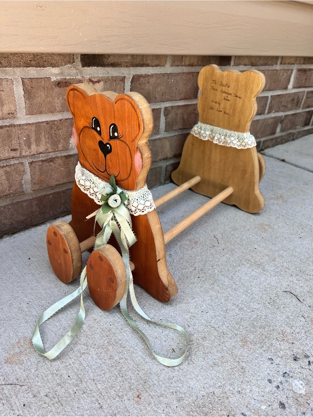 Handmade Wooden Bear book shelf with Lace and Ribbon